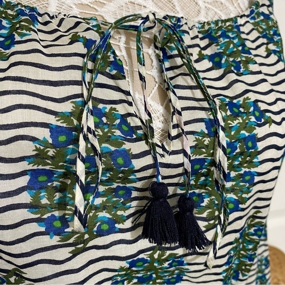 Tory Burch Top white Green Flora Cotton Scoop Neck Keyhole Tunic Elastic waist 6 - Picture 5 of 16